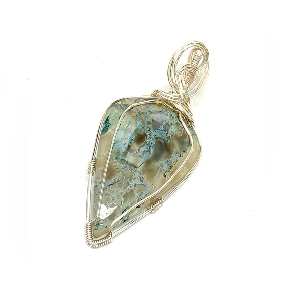 HANDMADE Statement Pendant Genuine Blue Moss Agate Cabochon Hand Wrapped - Picture 1 of 10